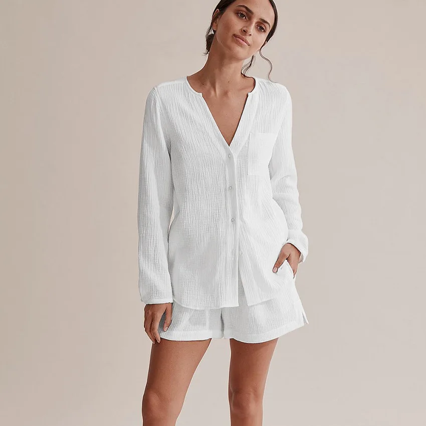 100%Cotton Autumn Sleepwear Suits With Shorts Pijama Pocket Nightwear Single Breasted Women's Nightgown Full Sleeve Women Pajama