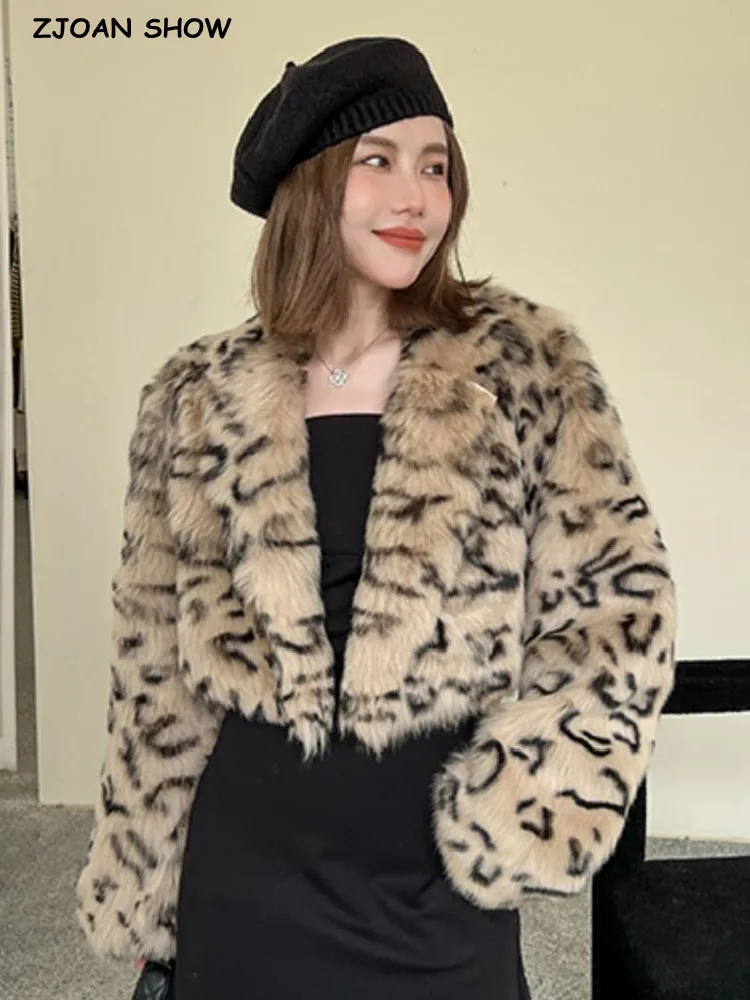 2022 Winter Lapel Hairy Shaggy Leopard Faux Fur Crop Coat Retro Full Sleeve Women Warm Jacket Loose Outerwear
