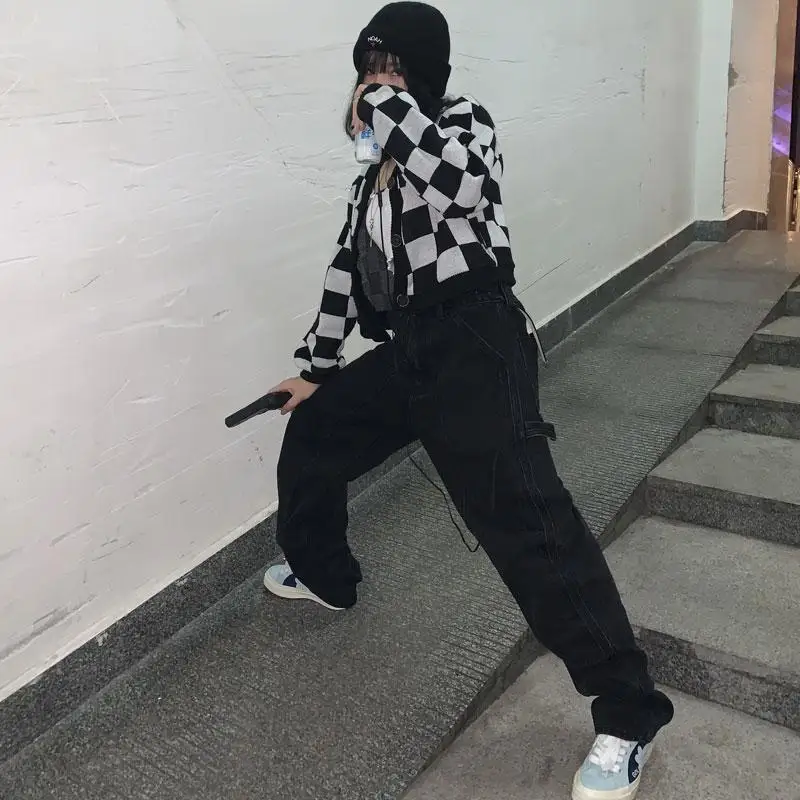 

Винтажные черные джинсы в стиле ретро для женщин, уличная одежда в стиле Харадзюку, шикарные универсальные модные штаны в стиле бойфренд дл...