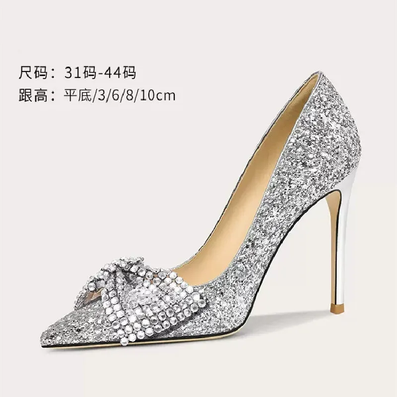 

Весенние Свадебные туфли с острыми блестками и бантом на плоской подошве, туфли на тонком высоком каблуке для банкета, большие и маленькие женские туфли