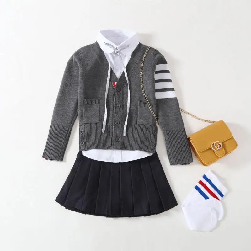 

Autumn Winter College Style Short Pleated Skirts Girls A-line All-match Shirt Sweater Skirt Three Piece Set Children's Clothing