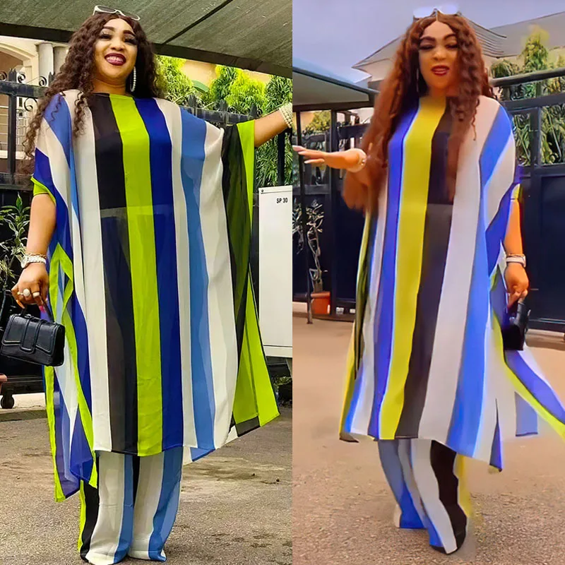 

2 Piece Set Plus Size Clothes Women Dashiki African 2023 Summer Chiffon Print Tops Pants Trousers Suits Ankara Party Outfits
