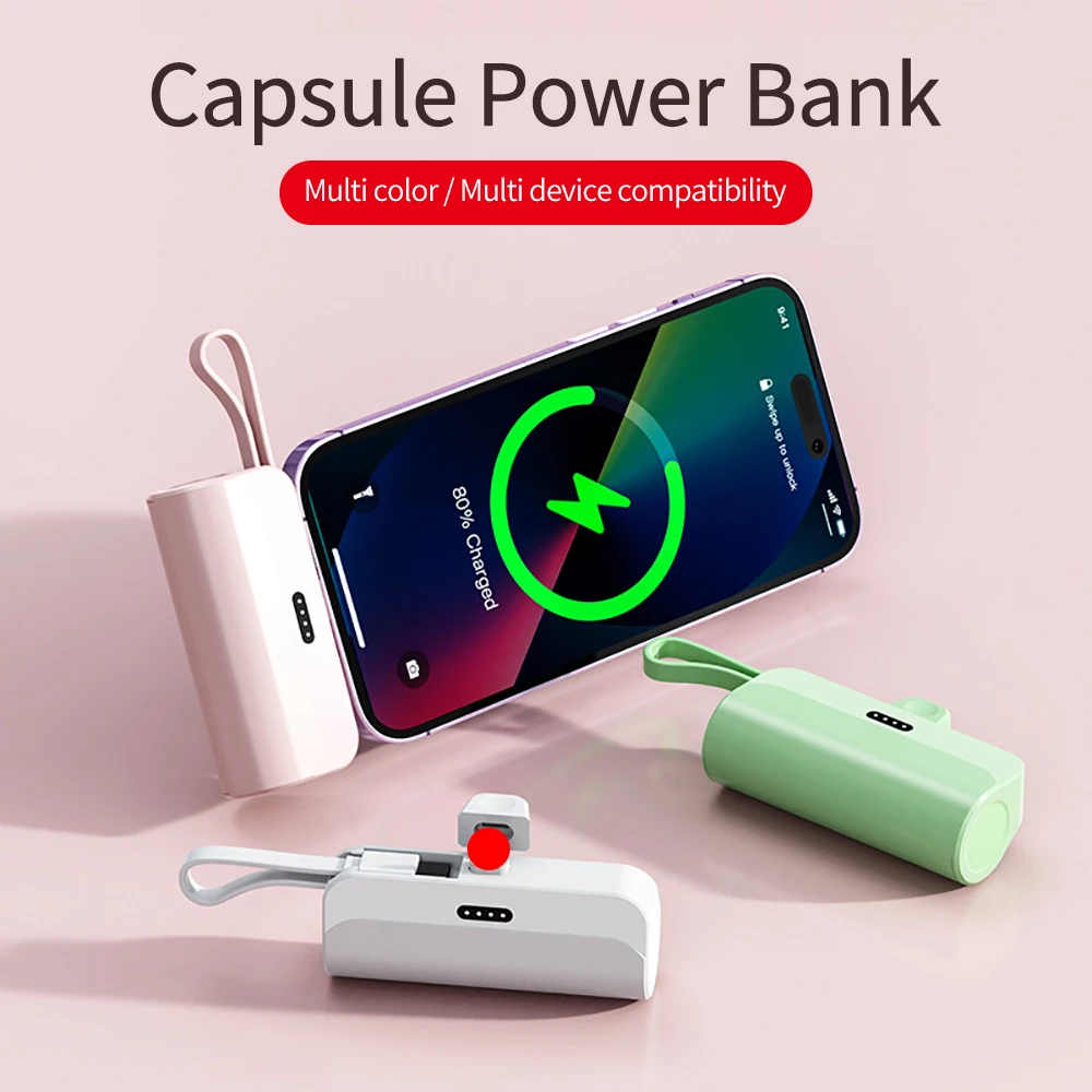 2 в 1 Mini Power Bank со встроенным кабелем 5000 мАч PowerBank Plug Play Внешняя батарея Портативное