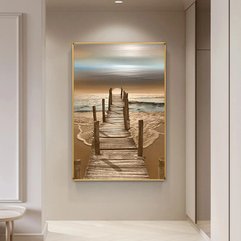 

Wooden bridge connecting sea canvas painting background poster print wall art prints and pictures suitable for home bedroom deco