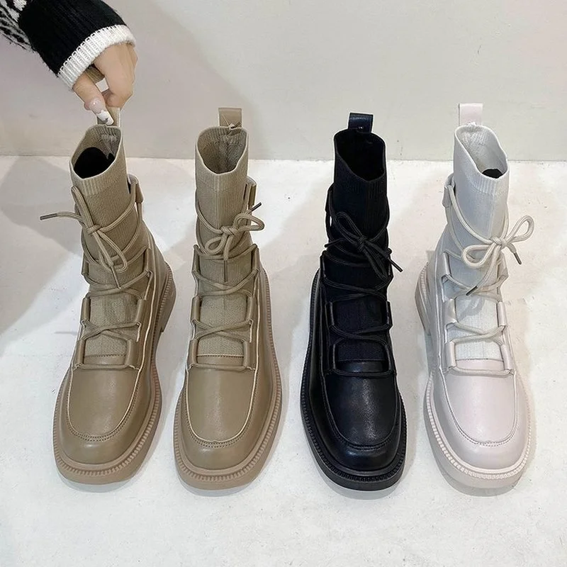 

2022 New Street Style Women's Platform Boots Female Fashion Chic Lace Splice Ankle Boots Ladies Autumn Martin Boots Shoe Women