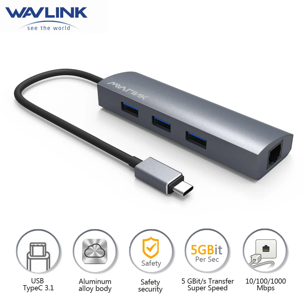 

Wavlink USB C 3.1 to Gigabit Adapter Series 3-Port USB 3.0 Aluminum Hub With Type C Adapter+RJ45 Gigabit Ethernet LAN Port-Gray