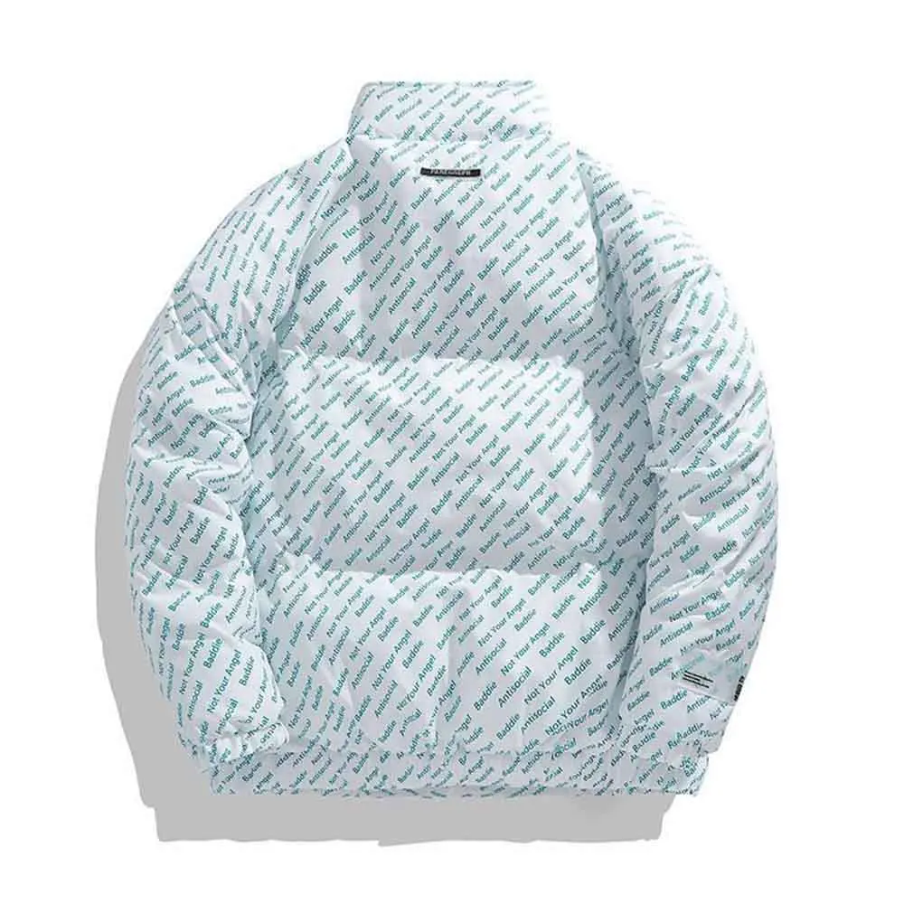 Down Padded Jacket Hooded Parka Men Letter Hip Hop Streetwear Winter Casual Retro Outwear Warm Cotton Coat Women New