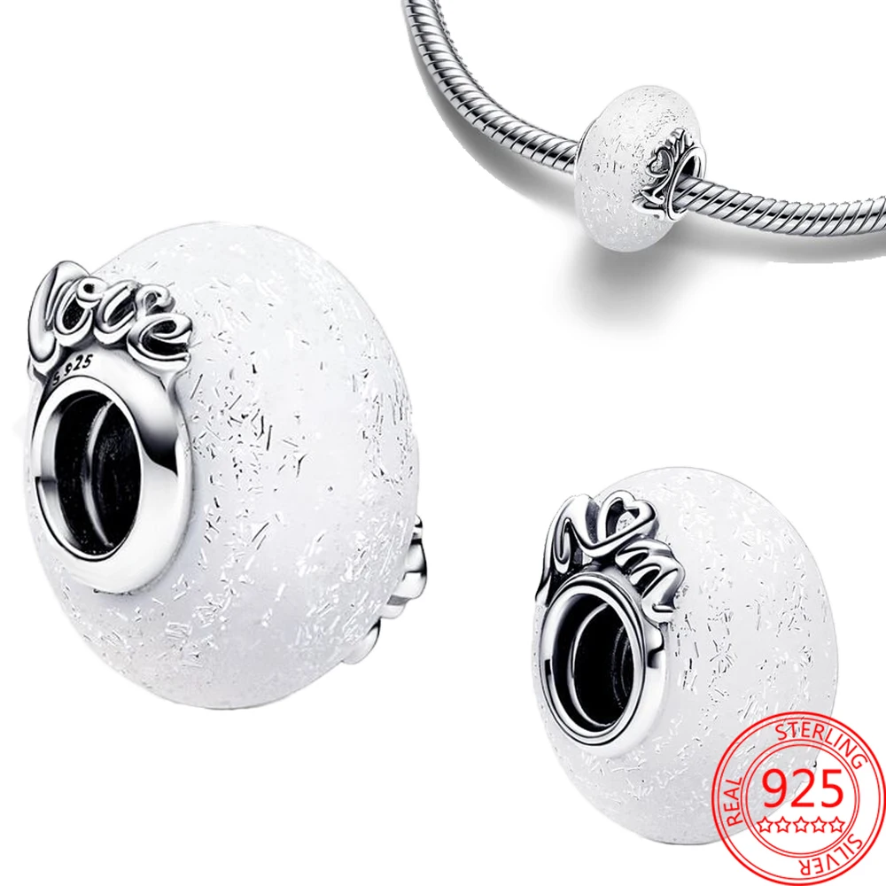 Mother Gift Glittery White Murano Glass Mum & Love Charm Fit Pandora Bracelet & Bangle Women 925 Sterling Silver Jewelry Beads