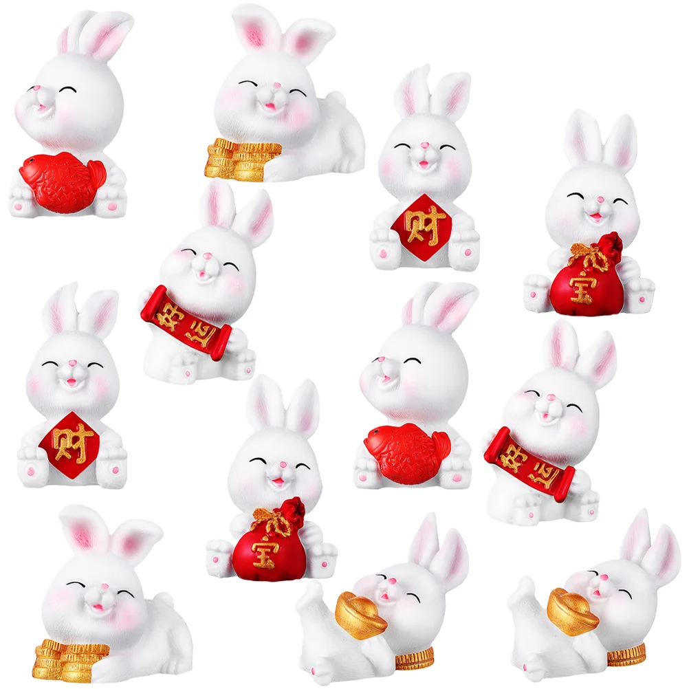 

12 Pcs Desk Gifts Lunar Calendar Miniature Rabbit Statues Crafts Natural Resin Creative Small Bunny Figurines Office