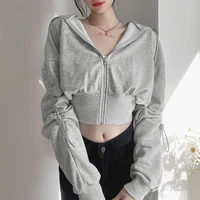 2021 drawstring long sleeve casual loose short zipper hooded sweater coat solid color loose casual sweatshirt sexy streetwear