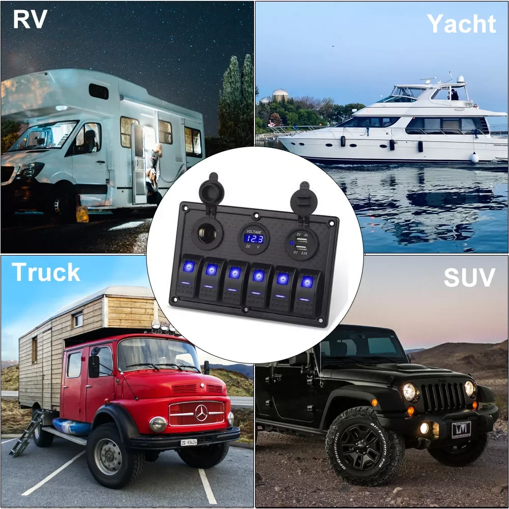 

AUTO PARTS Boat Switch Panel Car Switch Panel Waterproof Digital Voltmeter Dual USB Port 12V Outlet Combination Marine LED Rocke