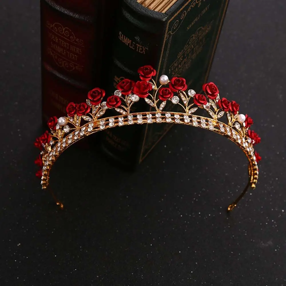 

1pc Luxury Vintage Red Rose Green Crystal Crown Bridal Headband Women Wedding Tiaras Headwear Pearl Elegant Hair Accessories