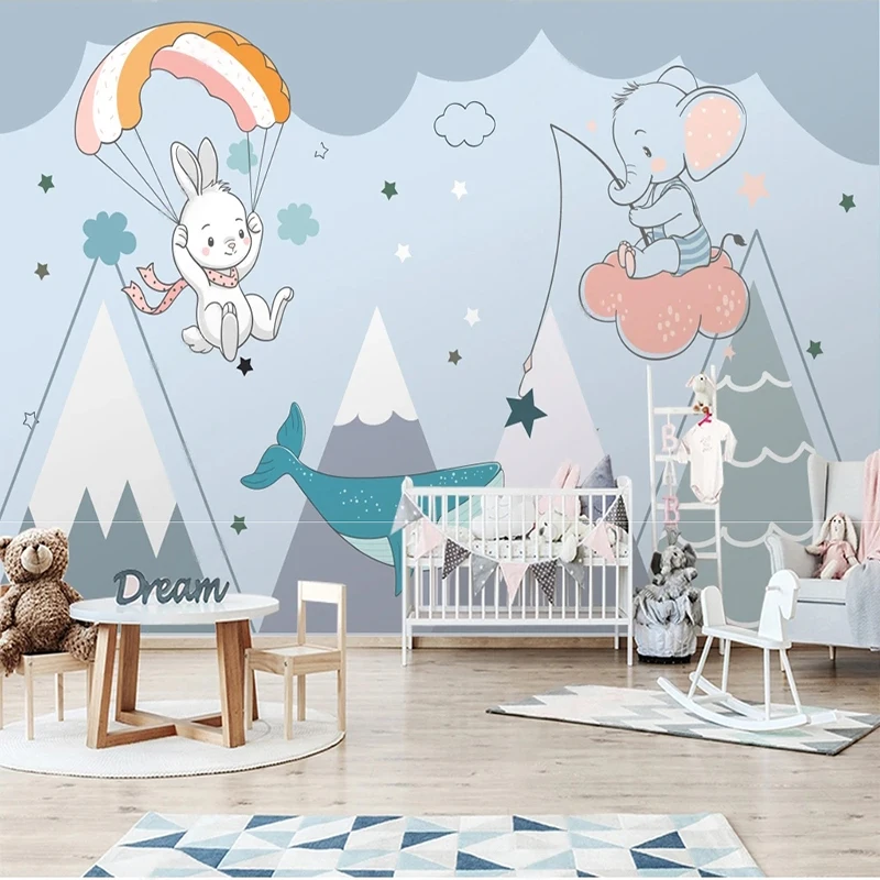 

Пользовательские Настенные обои скандинавский 3D современный минималистичный мультфильм маленький белый кролик с парашютом фоновая стена ...