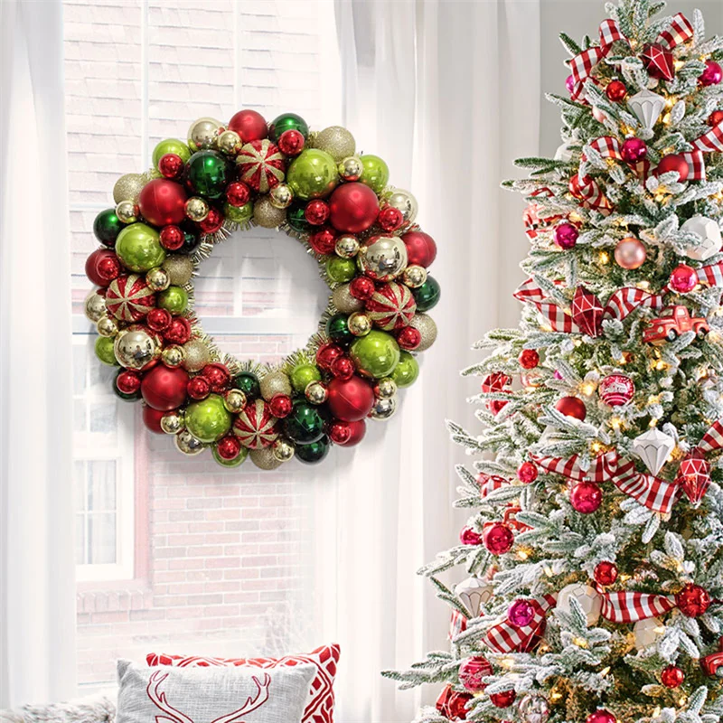 Рождественский венок для входной двери красочные шары круглый стены праздничные