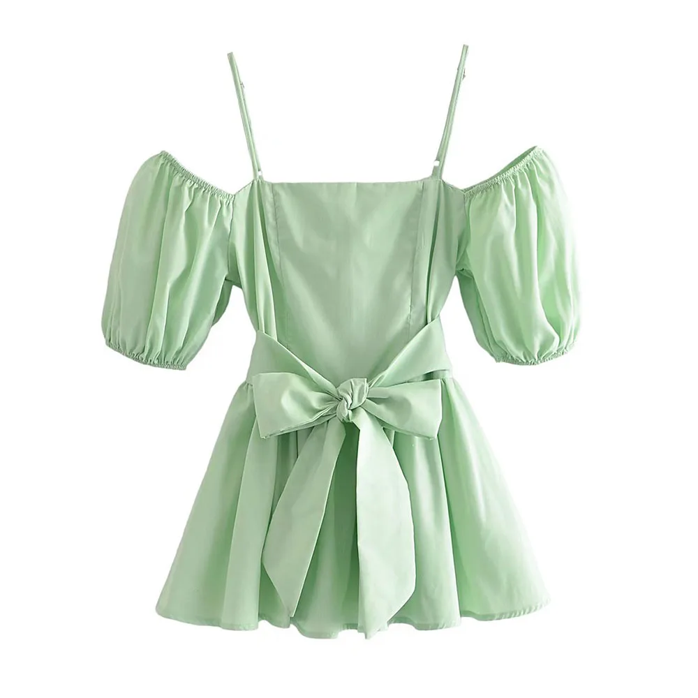 

2022 women's summer new one word neck wide hem top fashion slim bow trim suspenders age-reducing dress