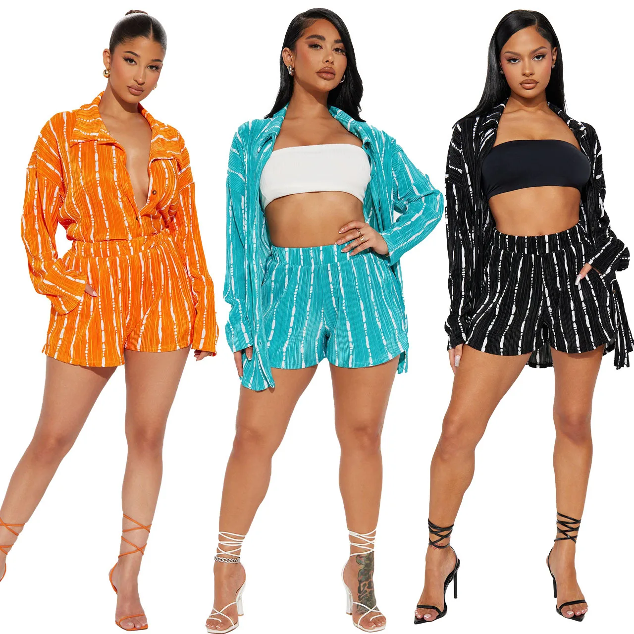 

Autumn Women Ruched Shirts Cardigan 2 Piece Sets Long Sleeve Turn Down Collar Single Breasted Casual Outfits Shorts Pants Suits