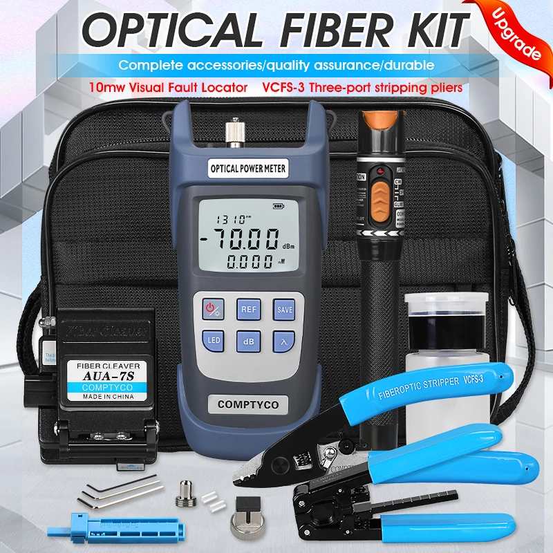 19pcs/set FTTH Fiber Optic Tool Kit with -70~+10dBm Optical Power Meter 10MW Visual Fault Locator