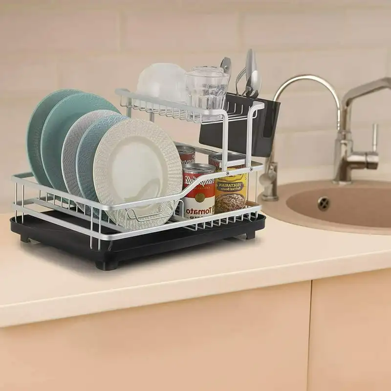 

Aluminum Dish Drying Rack w/ Drain Board Dish Cutlery Holder Set Kitchen Rice scooper standing Hot bowl holder Lid holder kitche