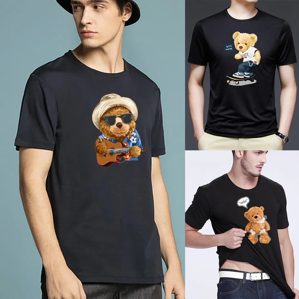 

2022 Summer Bear Print Short-sleeved T-shirt Male Short Sleeved Summer Casual Loose O-Neck Tees Harajuku Streetwear Men T Shirt