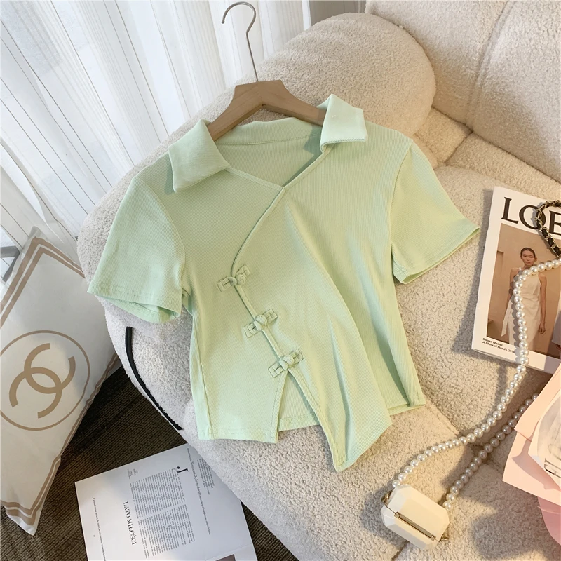 

2023 Korean Fashion Summer Knitted Basic Solid T-Shirt Women Vintage Casual Short Sleeve Turn-Down Collar Tee Shirts Female Tops