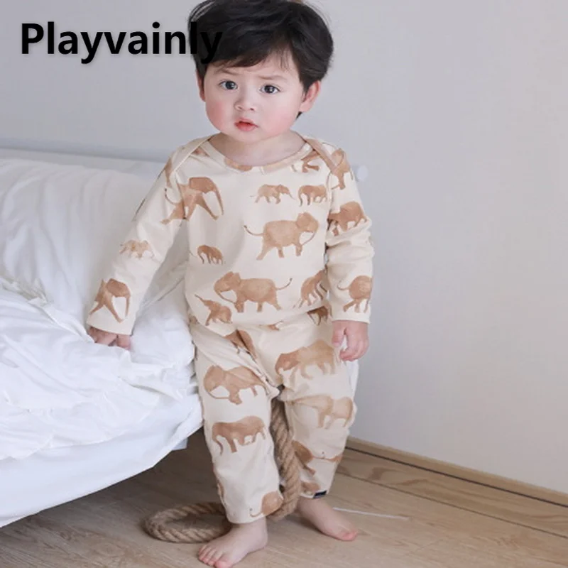 

Новый весенний Комбинезон для маленьких девочек и мальчиков, комбинезон с О-образным вырезом, принтом слона и лося, комбинезон с длинным рук...