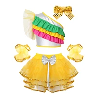 kids girls performance suit dance costume sleeveless crop top with mesh tutu skirt and cuffs headband set for jazz ballet dance