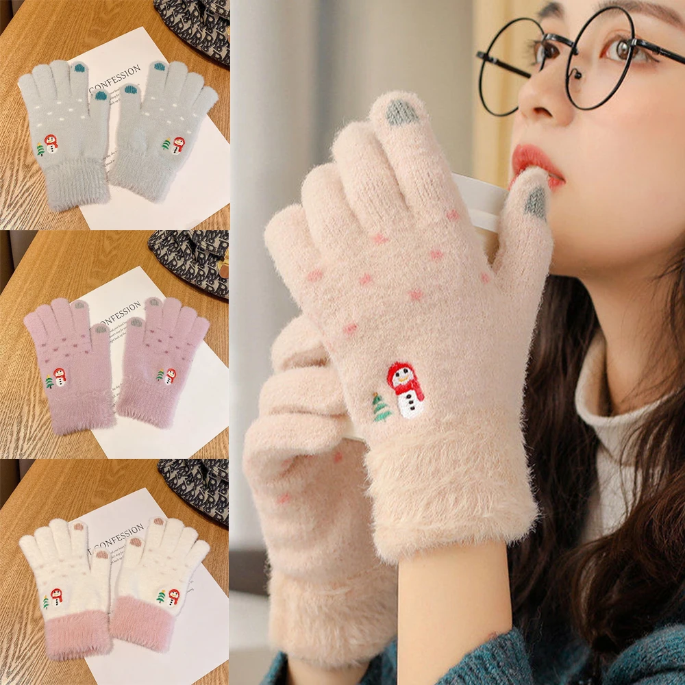

Теплые шерстяные перчатки с вышивкой снеговика, вязаные крючком варежки с пальцами, рождественский подарок, зимние пушистые женские перчатки для сенсорного экрана
