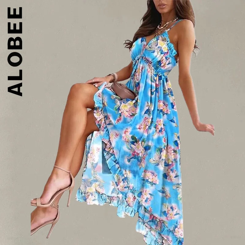 Alobee Dress New Women Soft Robe Simple V-Neck Floral Print Big Hem Maxi Dresses  Club Vintage Women Clothing Female Vestidos