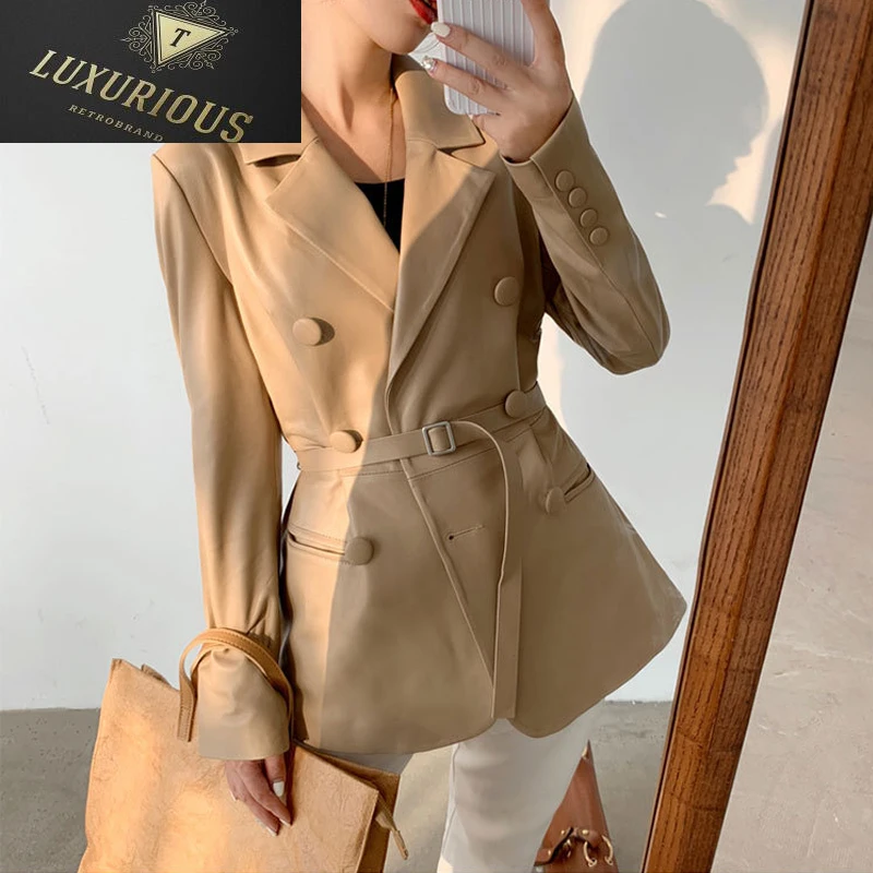 

Женский двубортный блейзер из шкуры ягненка, офисный пиджак из натуральной кожи с поясом, осень 2023