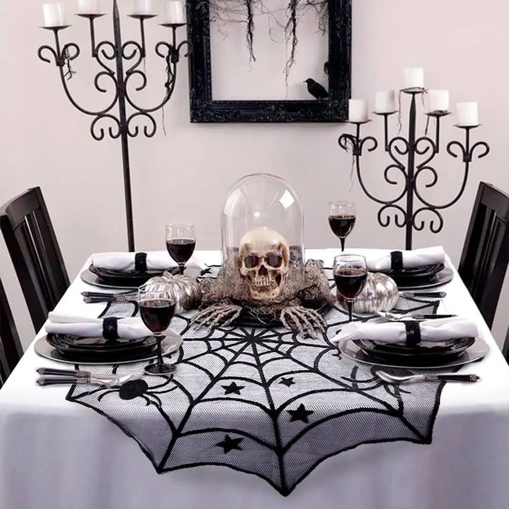 

Halloween Table Runner Black Spider Web Lace Tablecloth Fireplace Curtain for Halloween Party Decoration Horror House Props