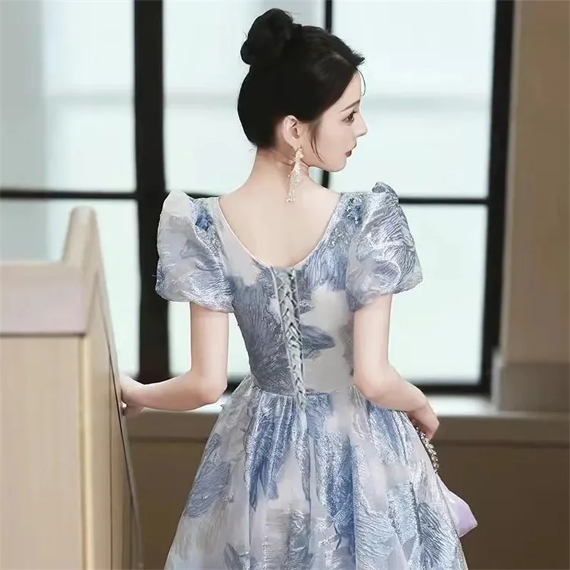 Синее вечернее платье с рукавами-пузырями и V-образным вырезом новинка 2024