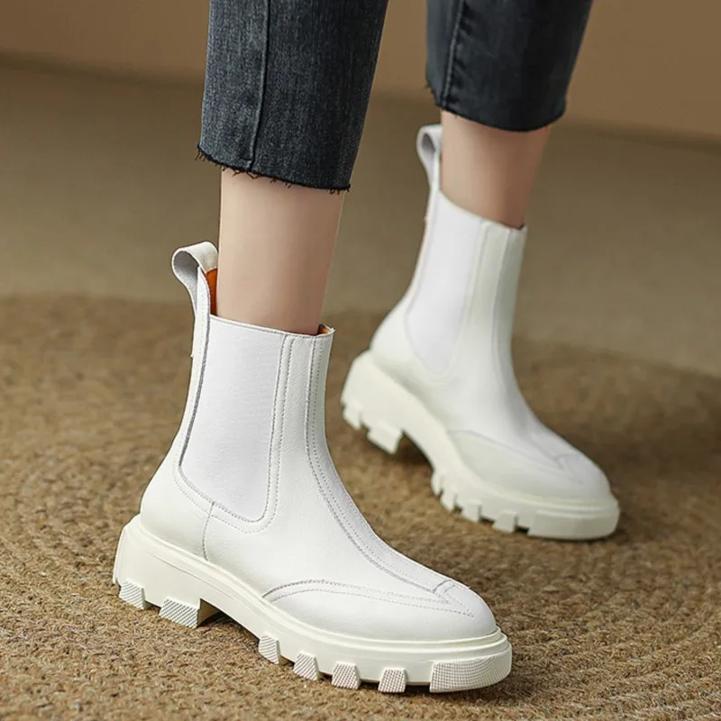 

Dilalula Concise Women Ankle Boots Autumn Winter Casual Chunk Heels Quality Genuine Leather Chelsea Boots Shoes Woman 2022