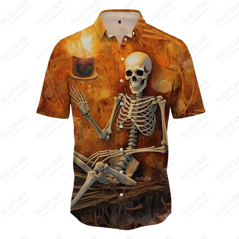 

Men's New Summer Fashion Lapel Shirt, High -quality Large Size Men's Loose Shirt, Street Retro Clothing 3D Skull Printed Shirt