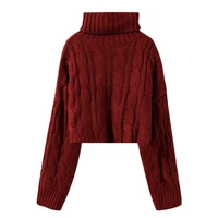 sweater female spring and autumn new high neck solid color pullover loose fashion casual knitted short top womens clothing 453