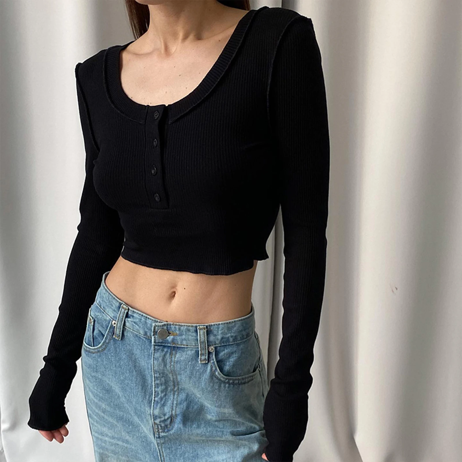 

Women Bodycon Top Navel Exposed Ladies Summer Casual Top Crew Neck Solid Color Sexy Style Rib Knitted Streetwear Outfit