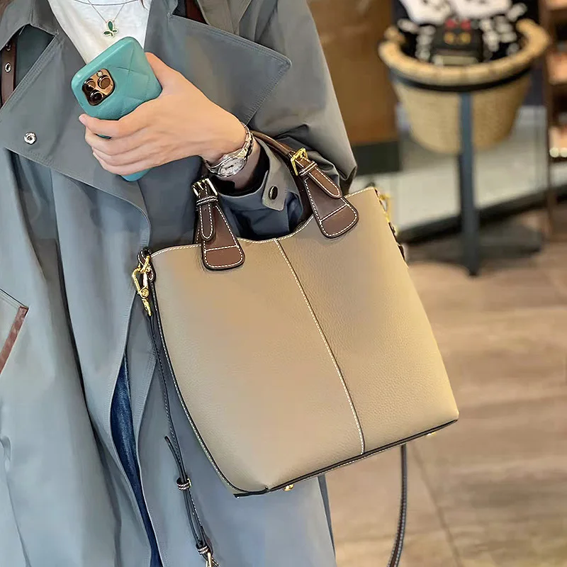 

2023 New Bag Female Tote Leather Bucket Baotou Layer Cowhide Handbag Single Shoulder Crossbody Bag For Women