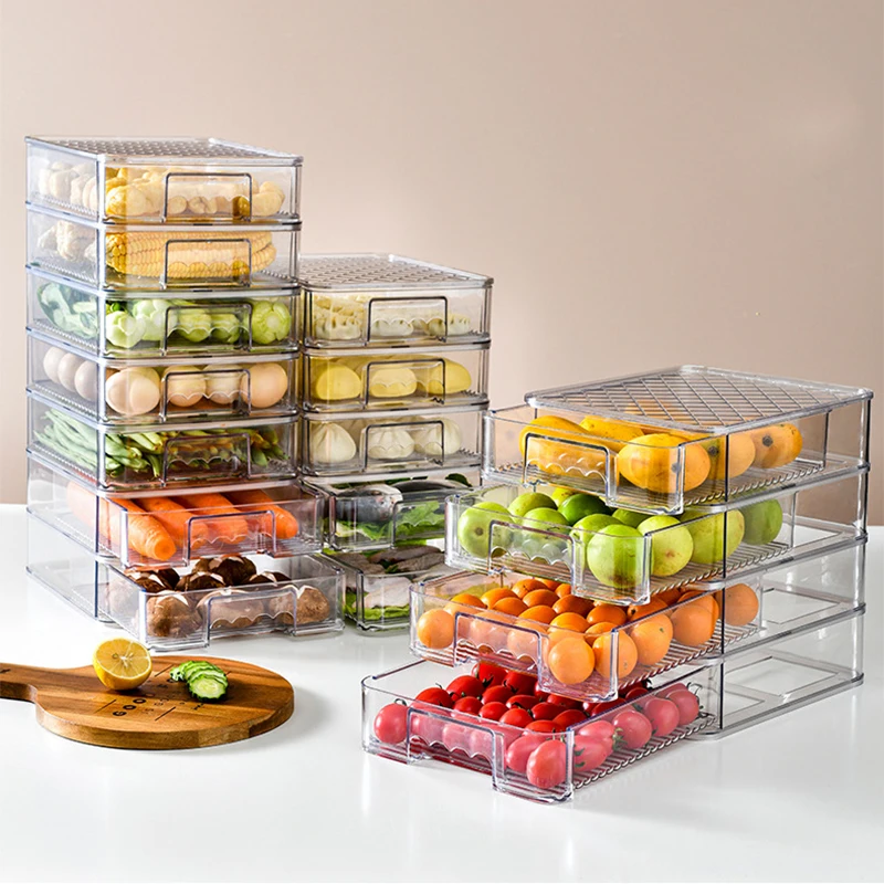 Double-layer Plastic Drawer Food Box Refrigerator Organizer Pull-out Storage Bin Pantry Freezer Container Stackable Egg Holder