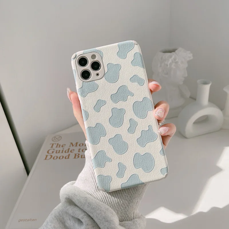 

Delicate Ins Blue cow pattern phone case leather funda for iphone 7 8 plus 11 12 mini 13 pro max xs max x xr cute capa