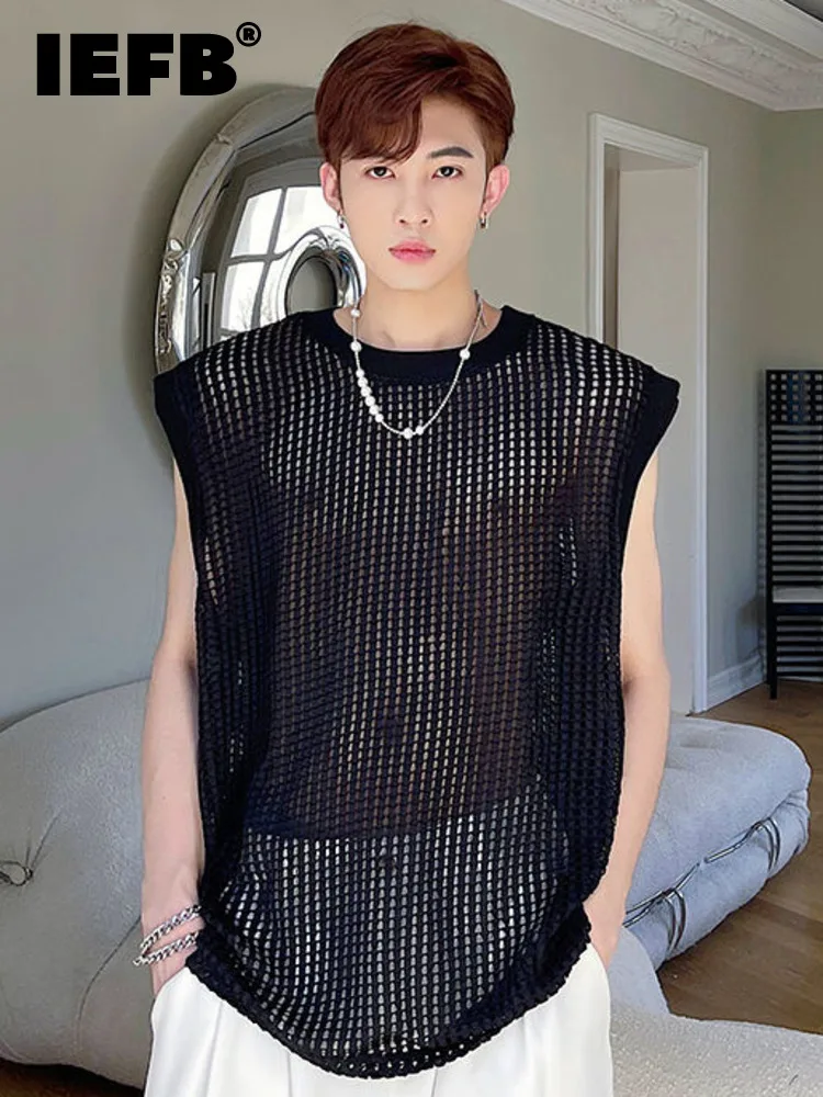 

IEFB Summer Niche Sleeveless Waistcoat Men's Versatile Hollow Out Bottomed Tank Tops 2022 New See Through Male Clothes 9Y8779