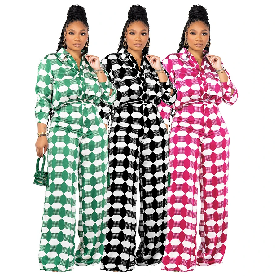 

Women Print Shirts Outfit Turn-down Collar Long Sleeve Blouse Office Lady 2 Piece Sets Elegant Wide Leg Pants Suits Streetwear
