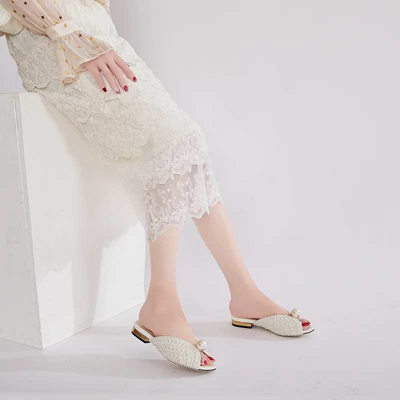 

Sweety White Pearl Front V Slip-on Summer Slingback Slides Women Round Peep Toe Outside Princess Flats Shoes For Ladies 2023 Hot