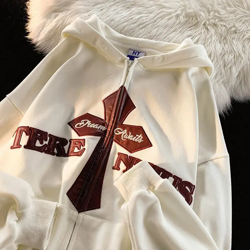 

American New Cross Print Hooded Sweater Cardigan Y2K Street Retro Fashion Casual Joker Sweater Hoodie Coat For Men And Women Top