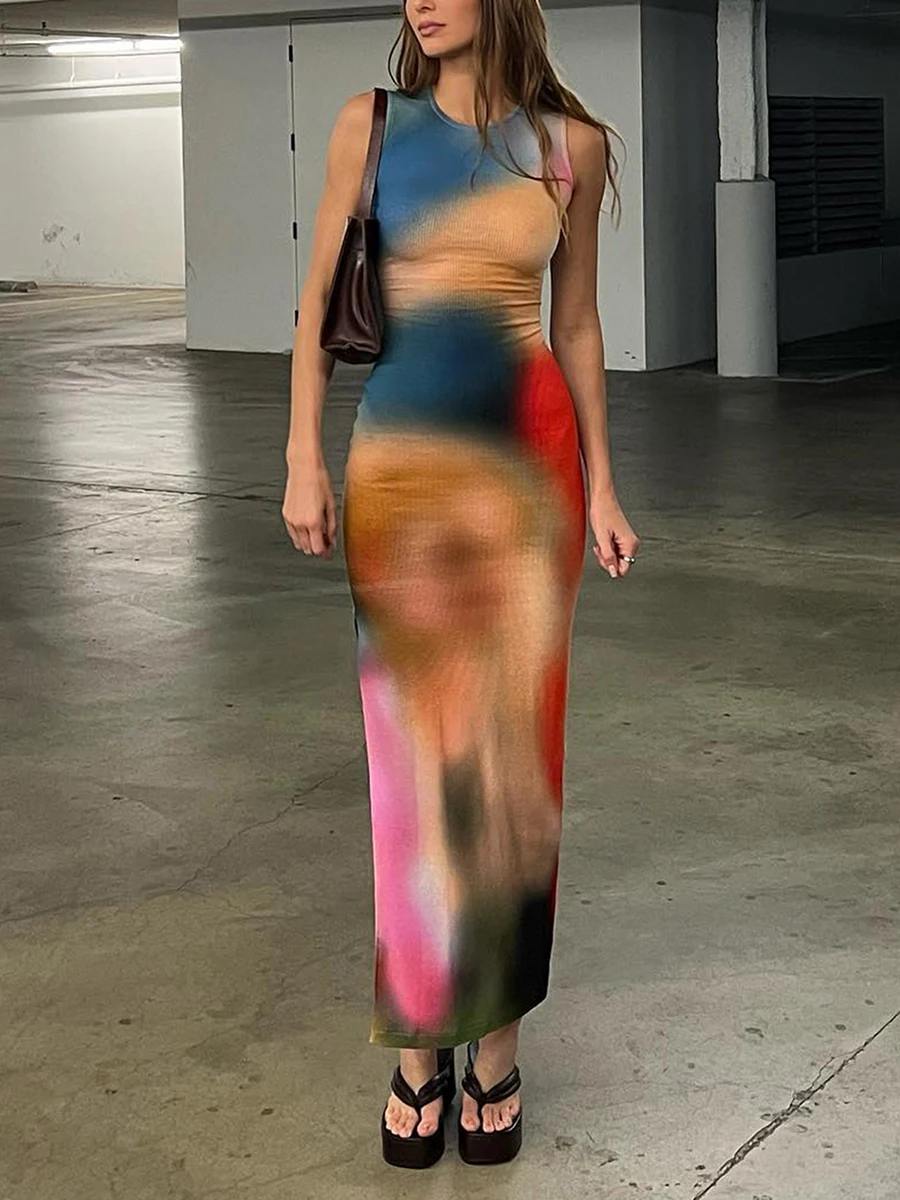 

Sleeveless Backless Maxi Dress Women 2023 Summer Bodycon Elegant Sexy Tie Dye Outfits Ladies Birthday Party Club Sundress