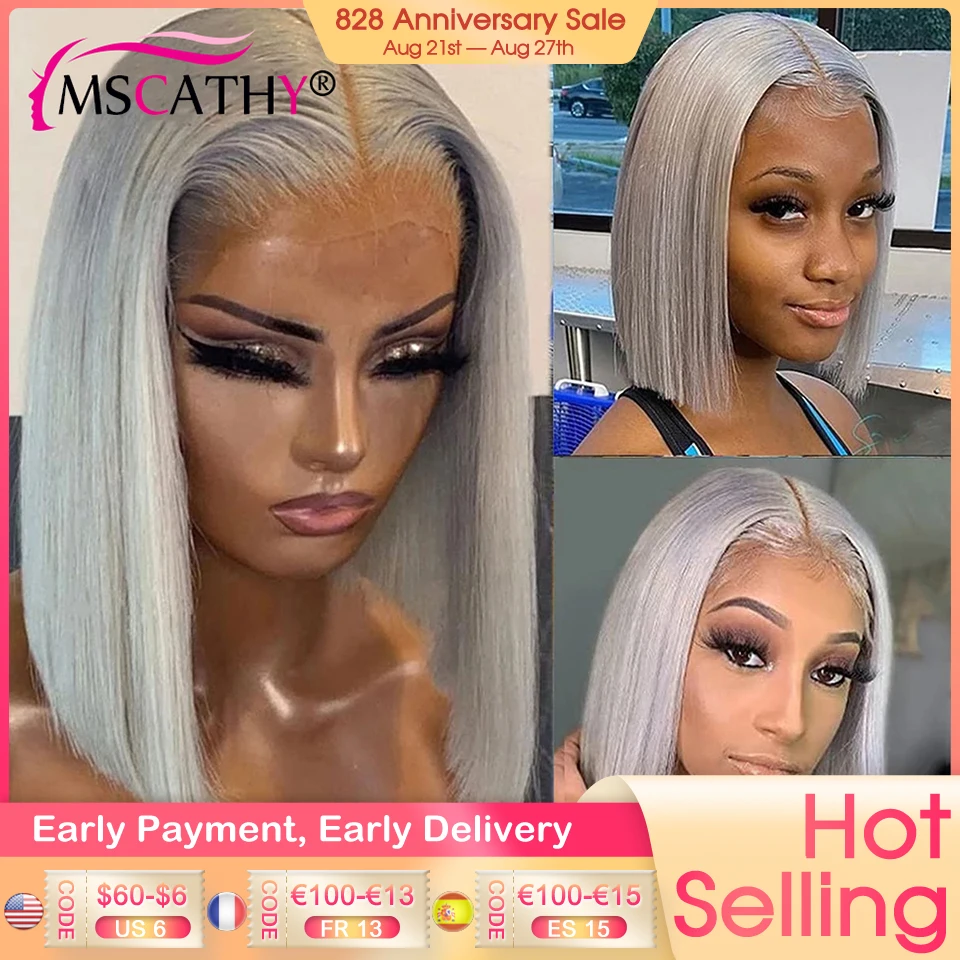 13x4 Grey Bob Lace Front Human Hair Wigs For Women HD Pre Plucked Lace Frontal Wig Straight Short Bob Lace Front Wig Virgin Hair
