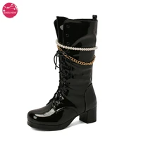 women gothic harajuku motorcycle boots med height chuncky heel glossy patent leather lolita jk uniform shoes string bead chain