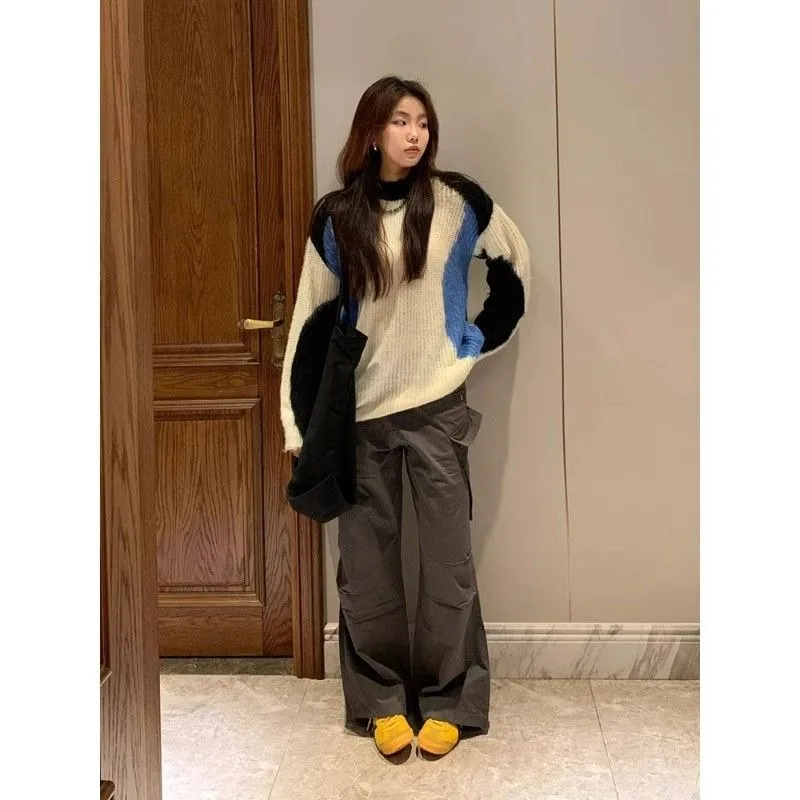 Женский пуловер с длинным рукавом винтажный трикотажный свитер контрастных