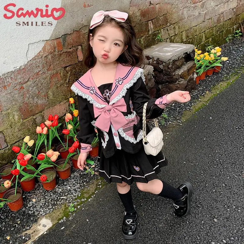 

New Sanrio Girls' Skirt Cute Kuromi Pleated Skirt JK Uniform Skirt Sweet Set 2023 Autumn Children's College Style Two Piece Set