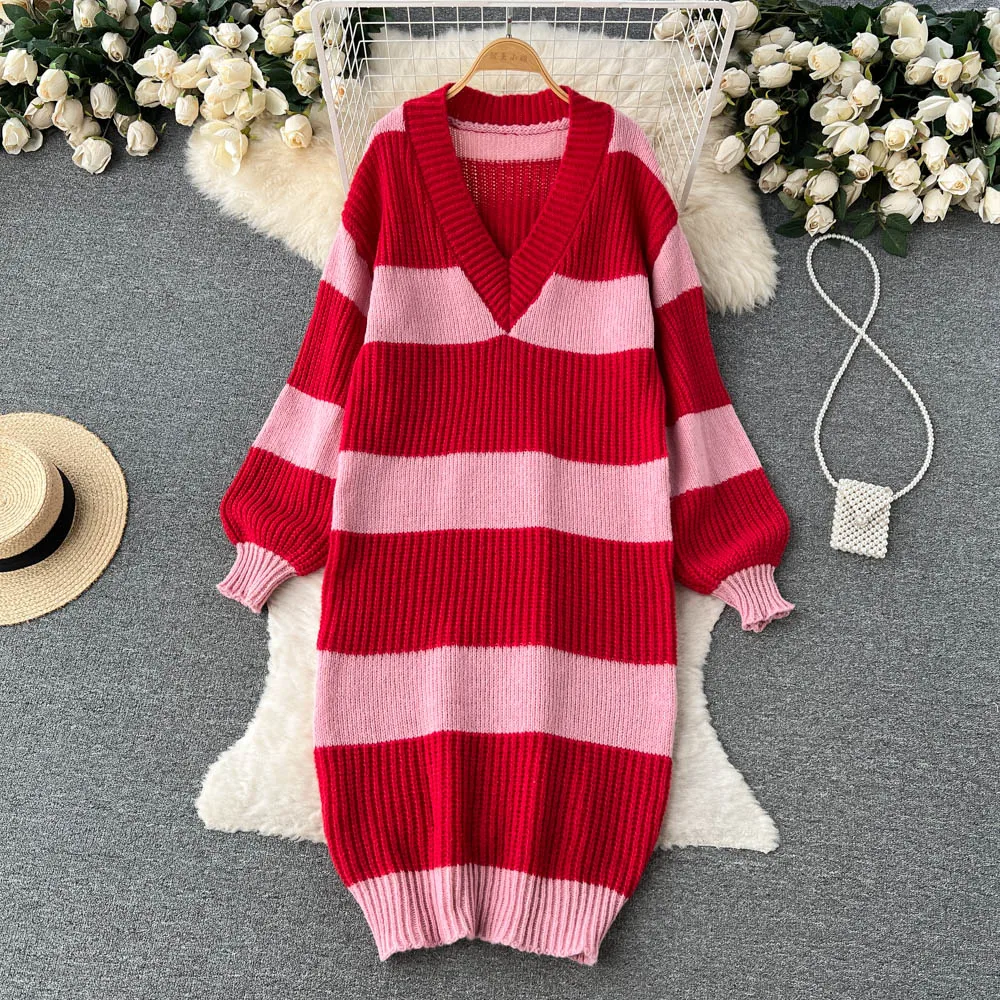 

Autumn and Winter Korean Version of Loose V-neck Long-sleeved Stitching in the Long Paragraph Striped Sweater Thickened Dress