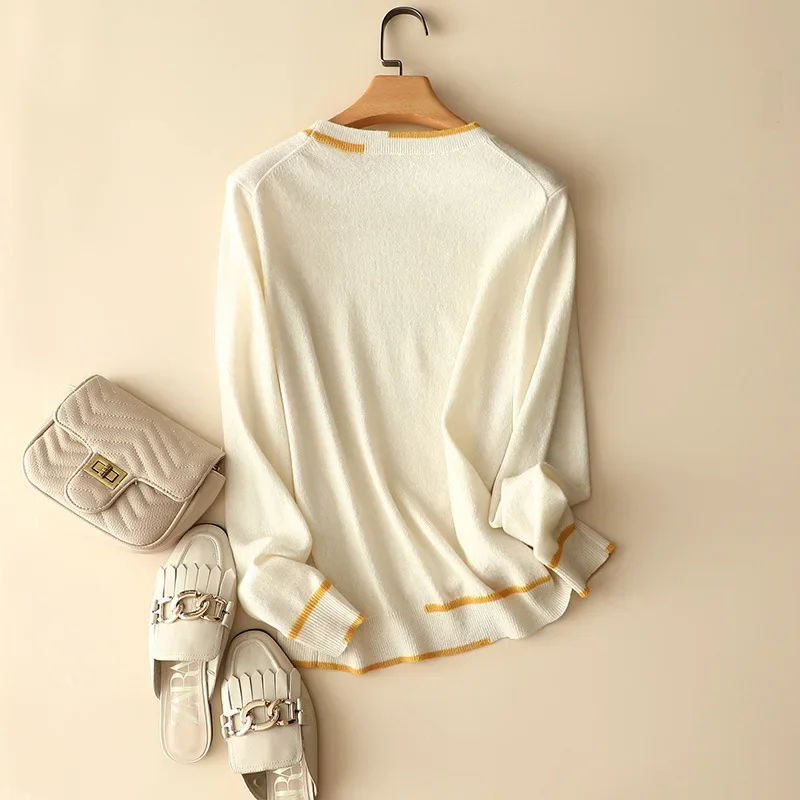 Aliaga осенний свитер цвета слоновой кости 100% кашемир контрастный с круглым вырезом