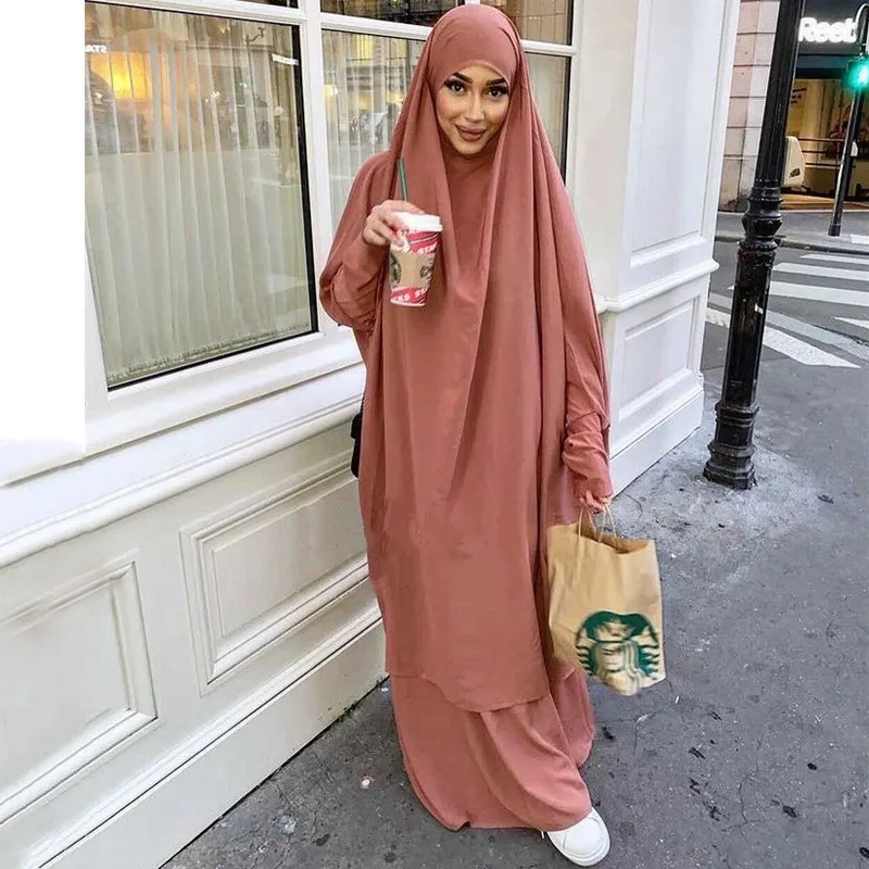 Modest Dubai Turkey Muslim Long Khimar Hijab Dress Sets Women Ramadan Eid Prayer Garment Abaya For Women 2 Piece Ensemble